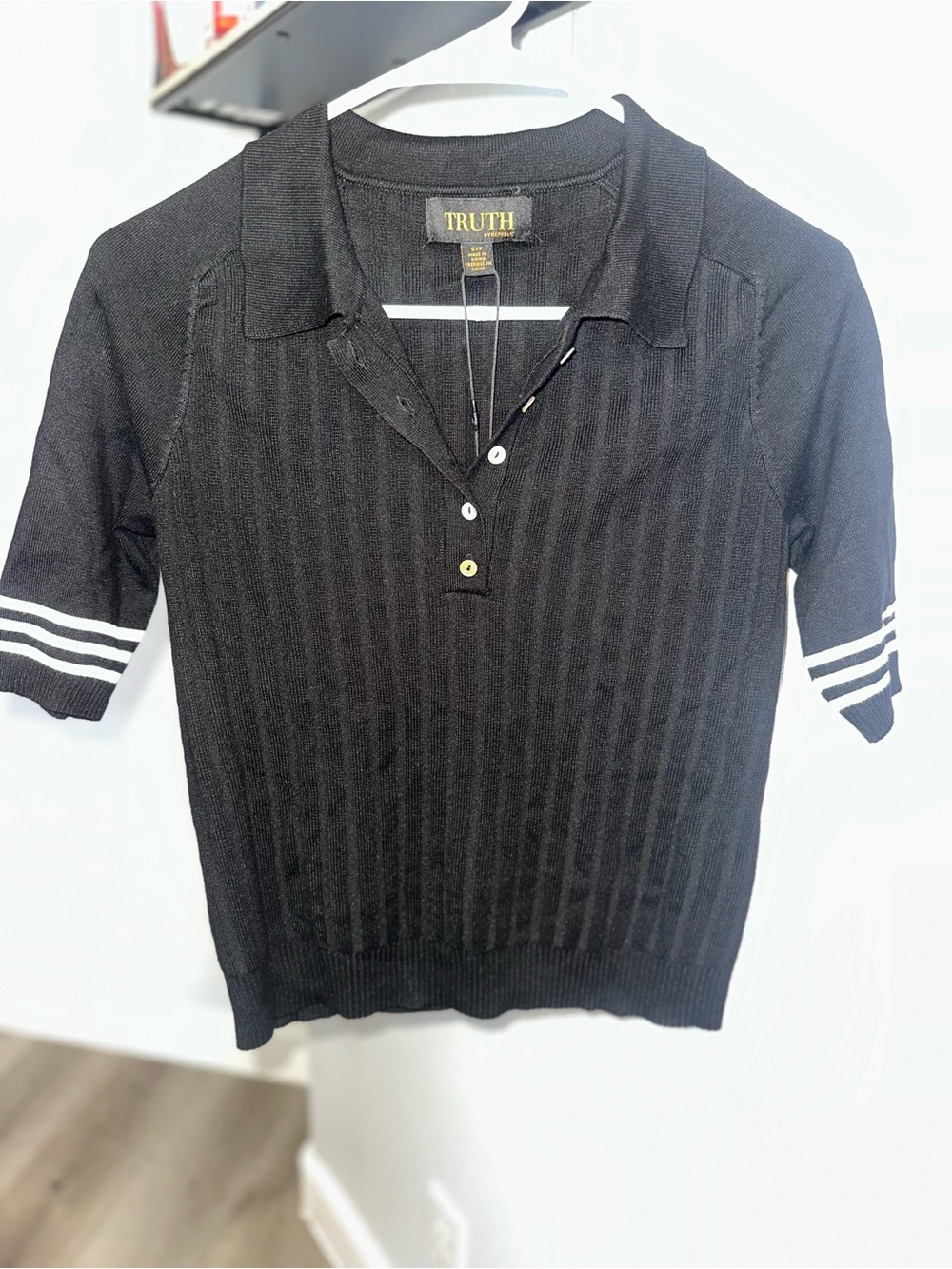 Truth Women’s Black Knit Polo with White Stripe Cuffs